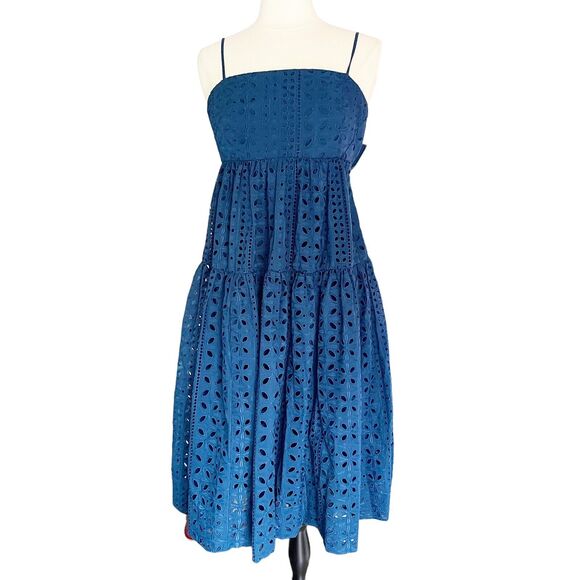 J.Crew Midi Tiered Dress Size 2 Eyelet Blue Open Back with tie Bow Lined Boho - Picture 1 of 11